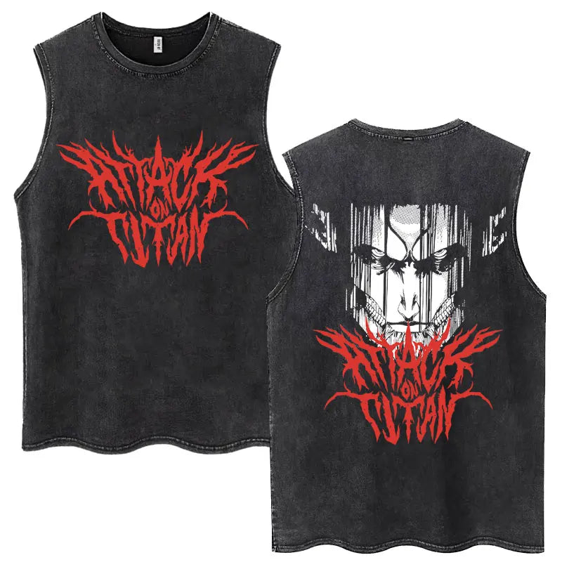 Anime Attack on Titan Eren Jaeger Graphic Vintage Washed Tank Tops Y2k Summer  Loose water washed vest for both men and women
