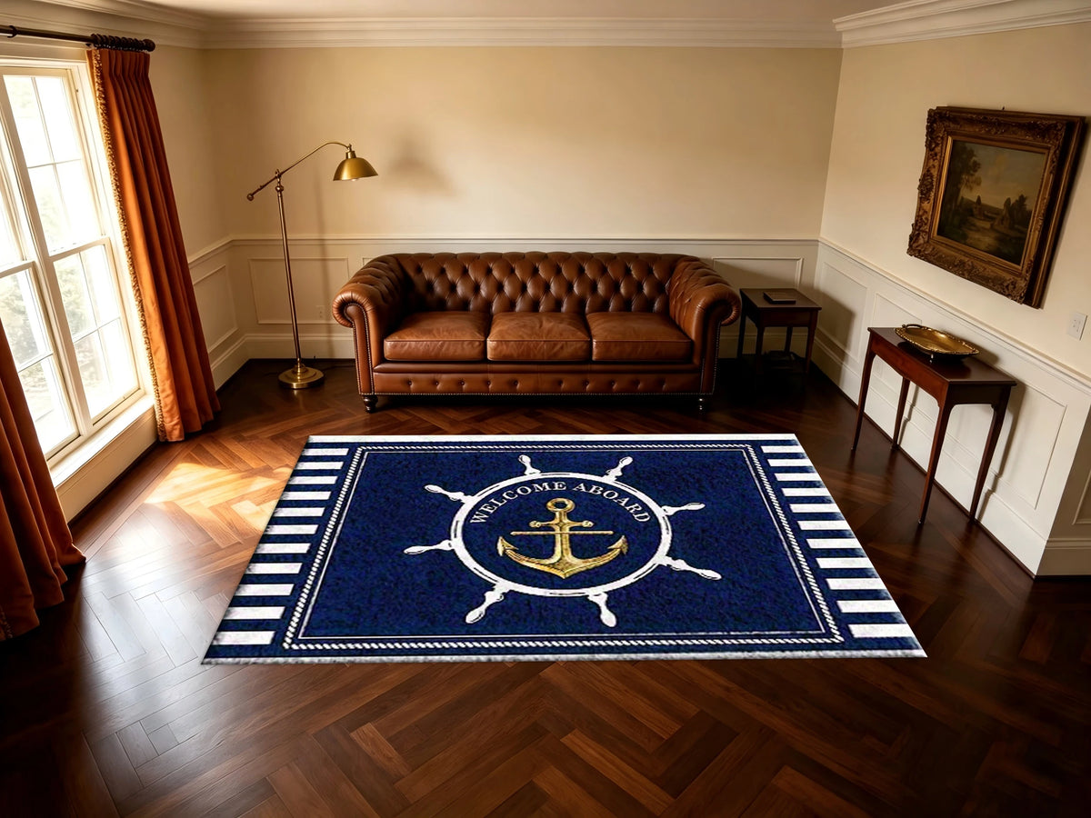 Nautical Anchor Ship Wheel Area Rug Non‑Slip Welcome Floor Mat Home Entrance Living Room Decor