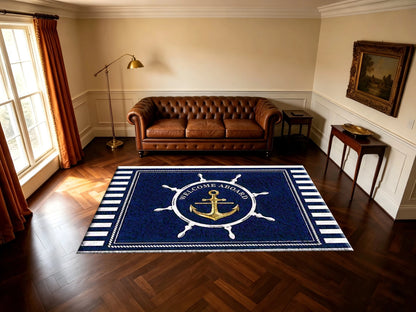 Nautical Anchor Ship Wheel Area Rug Non‑Slip Welcome Floor Mat Home Entrance Living Room Decor