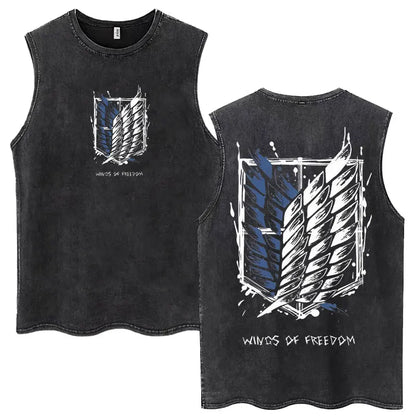 2026 Attack on Titan Wings of Freedom Acid Wash Tank Top, Survey Corps Emblem Anime Print, Oversized Cotton Streetwear Tee