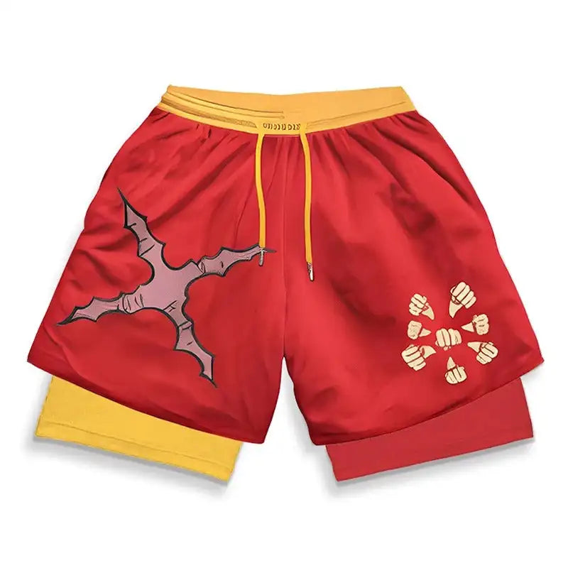 2026 Summer Bandai One Piece Character Symbols Anime Double Layer Fake Two Piece Gym Workout Shorts Quick-dry Comfy Lightweight
