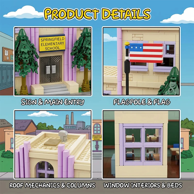 3500PCS Springfield Elementary School Building Blocks Idea Anime Street View Modular Architecture Brick Model Bricks Toys for Adults Christmas Gift