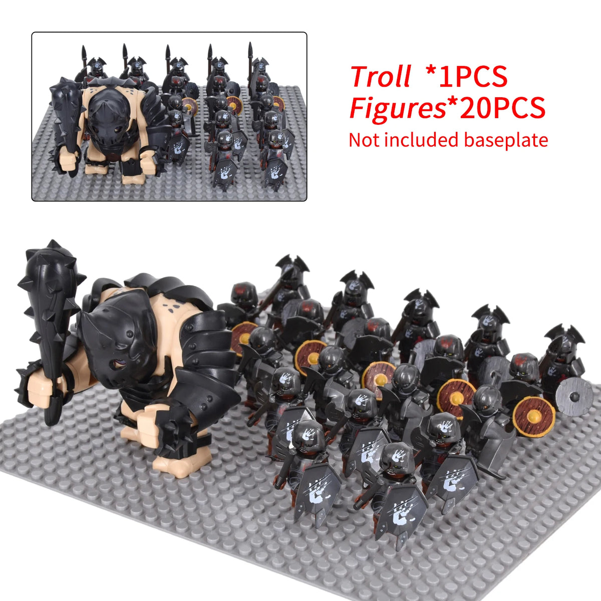 Giant Troll Monster 20Pcs Armored Orc Infantry Figures Medieval Army Building Bricks, Removable Shield Scene Collectible Toy﻿﻿